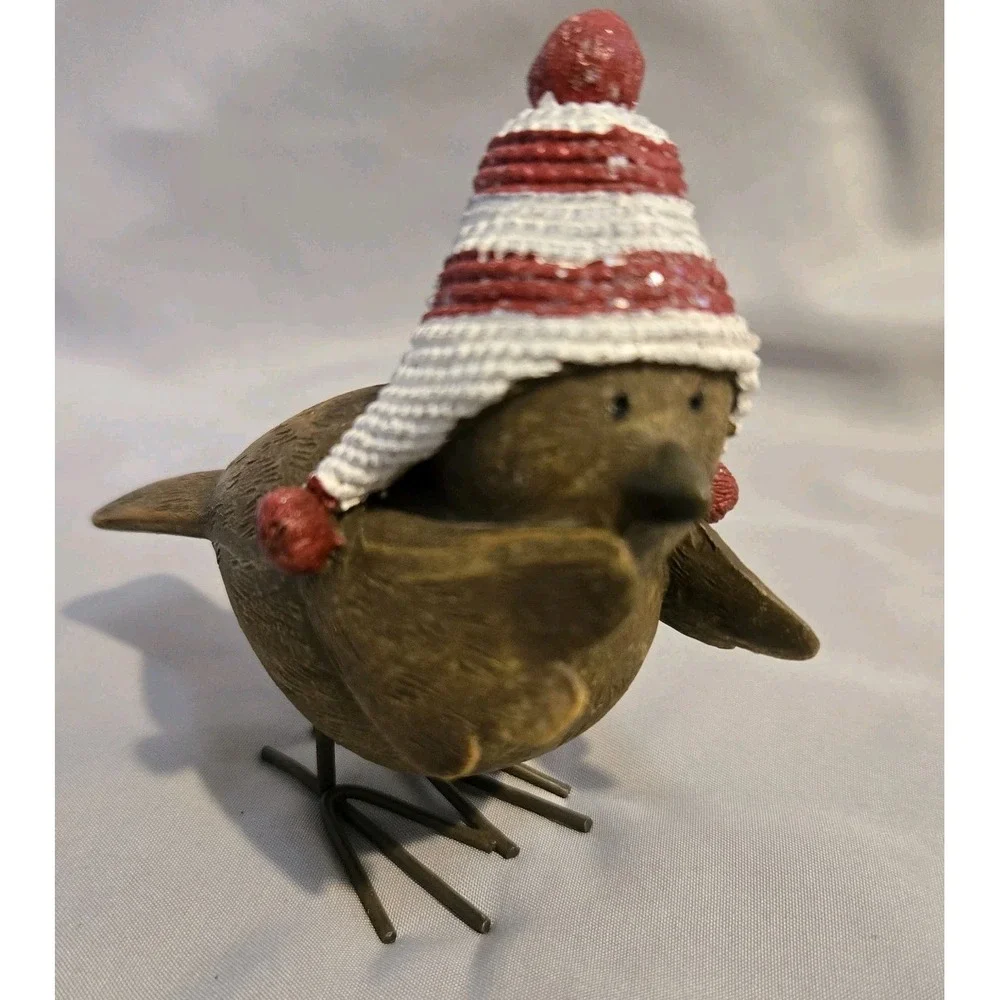 Christmas Bird Figurine Red White Winter Hat Pom Pom Rustic Holiday Decor 4